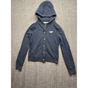 Hollister Hoodie Women Medium Navy Blue Button Front Logo Sleeve Sweatshirt